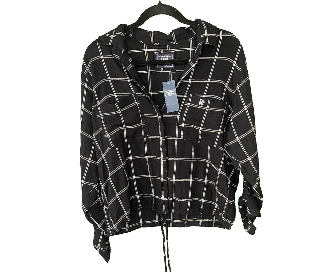 Abercrombie & Fitch Shirt Women's Large NEW Black & White Plaid Roll Tab Sleeves